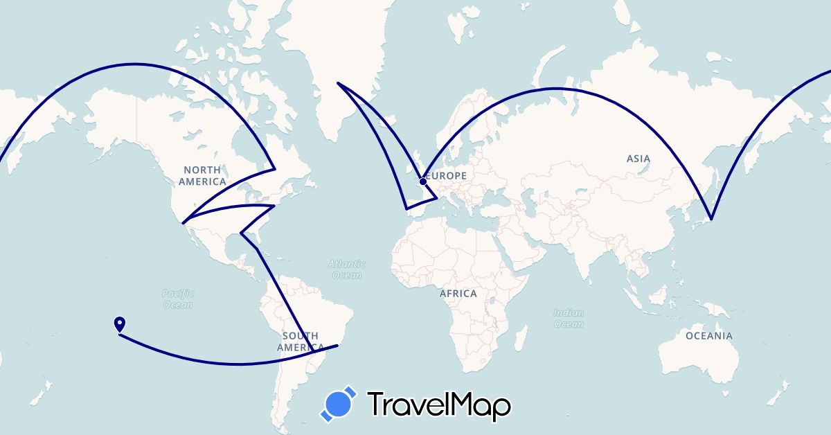 TravelMap itinerary: driving in Brazil, Canada, Cuba, France, Greenland, Guadeloupe, Japan, French Polynesia, Portugal, United States (Asia, Europe, North America, Oceania, South America)